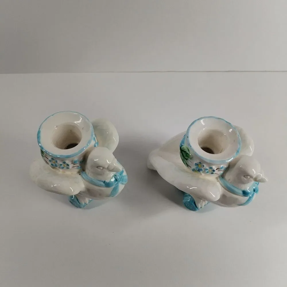 Vintage 1988 The Haldon Pair Dove Bird‎ Candle Holders White Blue Ribbon 4